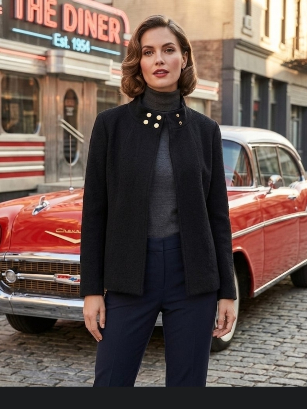 Jones NY black wool open front Retro Jacket sz M-L
